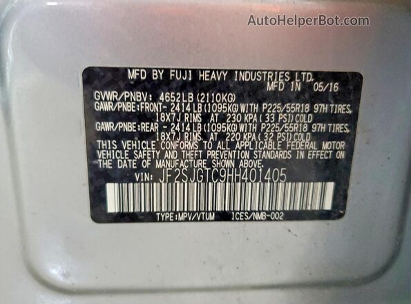 JF2SJGTC9HH401405 2017 SUBARU FORESTER Silver Вид наклейки з VIN-кодом