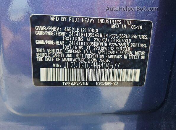 JF2SJGTC9HH404577 2017 SUBARU FORESTER Blue VIN კოდის სტიკერის ხედი