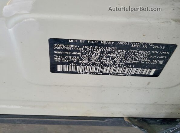 JF2SJGVC1GH416041 2016 SUBARU FORESTER White VIN კოდის სტიკერის ხედი