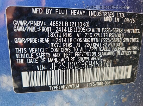 JF2SJGVC5GH453741 2016 SUBARU FORESTER Blue Панорамний вид салону 360°