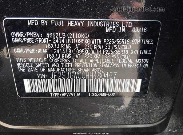 JF2SJGWC0HH480457 2017 SUBARU FORESTER Gray Vista del compartimento del motor