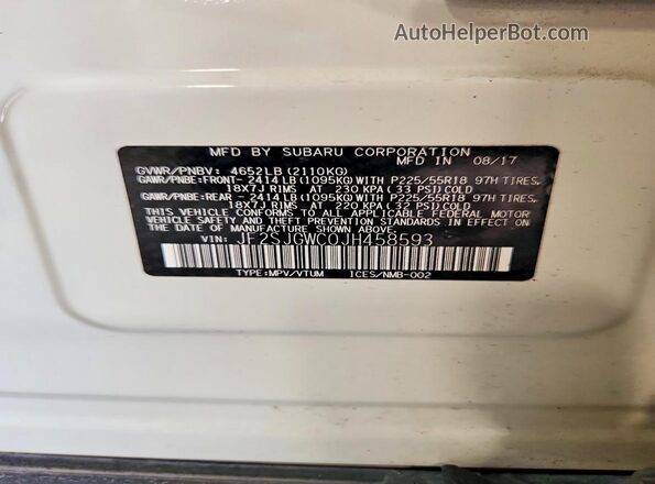 JF2SJGWC0JH458593 2018 SUBARU FORESTER White VIN sticker view