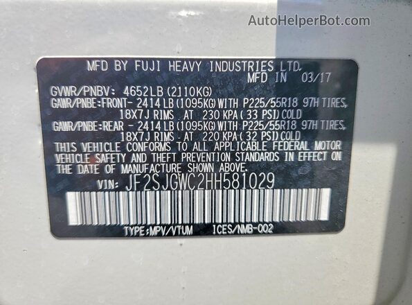 JF2SJGWC2HH581029 2017 SUBARU FORESTER White Вид наклейки з VIN-кодом