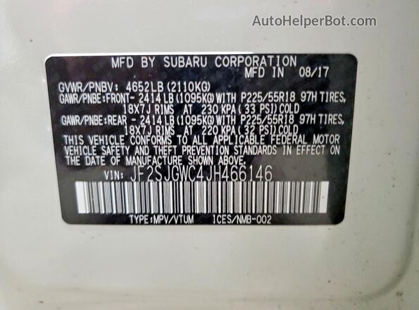 JF2SJGWC4JH466146 2018 SUBARU FORESTER White VIN კოდის სტიკერის ხედი