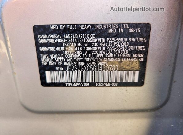 JF2SJGXC5GH460783 2016 SUBARU FORESTER Silver VIN կոդի պիտակի տեսք