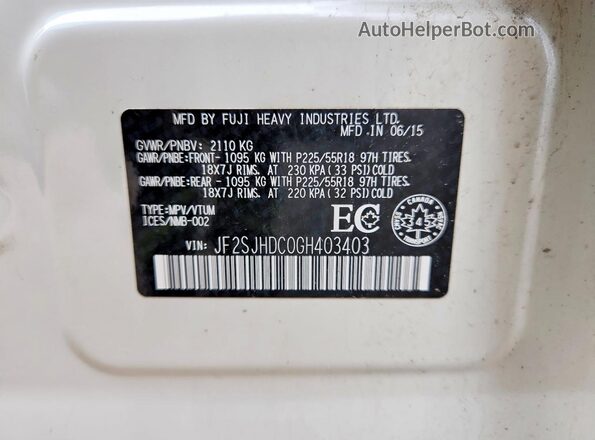 JF2SJHDC0GH403403 2016 SUBARU FORESTER White VIN sticker view