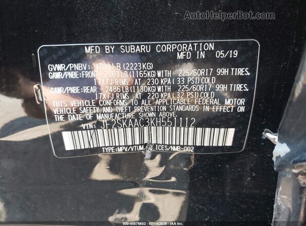 JF2SKAAC3KH551112 2019 SUBARU FORESTER Black Widok komory silnika