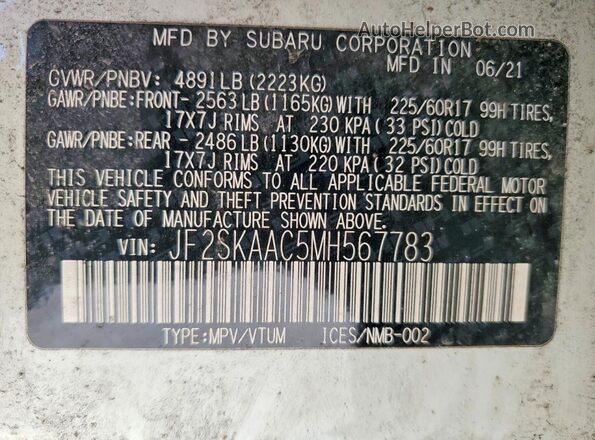 JF2SKAAC5MH567783 2021 SUBARU FORESTER White VIN կոդի պիտակի տեսք