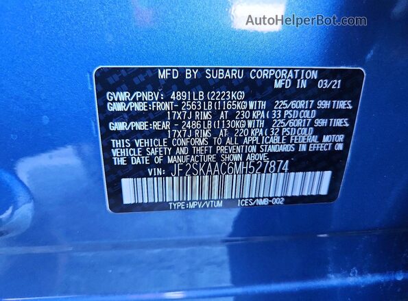 JF2SKAAC6MH527874 2021 SUBARU FORESTER Синий Вид подкапотного пространства