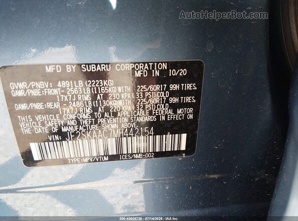 JF2SKAAC7MH442154 2021 SUBARU FORESTER Blue Vista del compartimento del motor