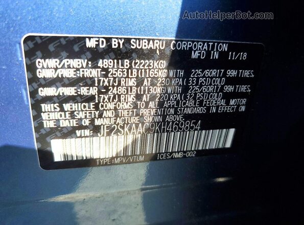 JF2SKAAC9KH469854 2019 SUBARU FORESTER Blue Вид наклейки з VIN-кодом