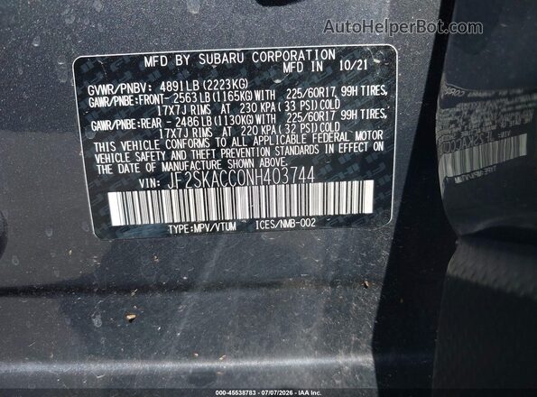 JF2SKACC0NH403744 2022 SUBARU FORESTER Gray Widok komory silnika