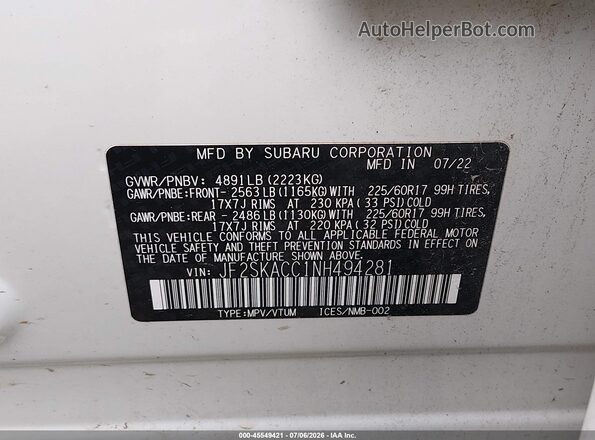 JF2SKACC1NH494281 2022 SUBARU FORESTER Белый Вид подкапотного пространства