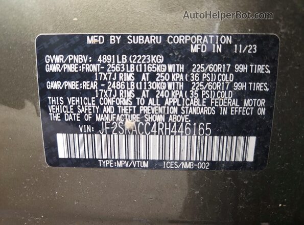 JF2SKACC4RH446165 2024 SUBARU FORESTER Green ძრავის განყოფილების ხედი