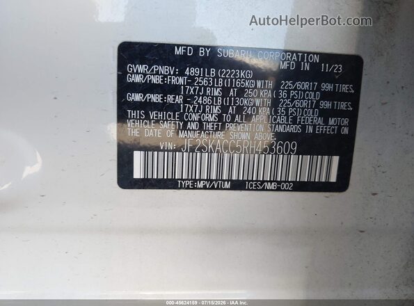JF2SKACC5RH453609 2024 SUBARU FORESTER White Շարժիչի բաժամունքի տեսք
