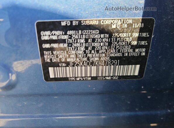 JF2SKACC7KH478291 2019 SUBARU FORESTER Blue Widok komory silnika