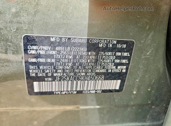 JF2SKACC9KH450668 2019 SUBARU FORESTER Green Widok naklejki z numerem VIN