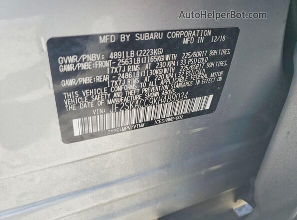 JF2SKACC9KH489034 2019 SUBARU FORESTER Silver Vista de la etiqueta del VIN