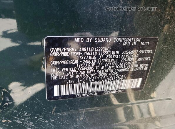 JF2SKACC9NH403645 2022 SUBARU FORESTER Green Vista de la etiqueta del VIN