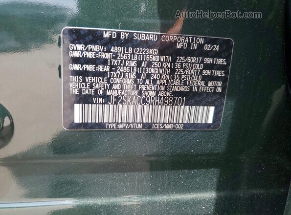 JF2SKACC9RH498701 2024 SUBARU FORESTER Green Engine compartment view