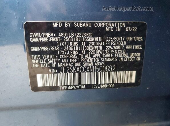 JF2SKACCXNH500692 2022 SUBARU FORESTER Blue VIN sticker view