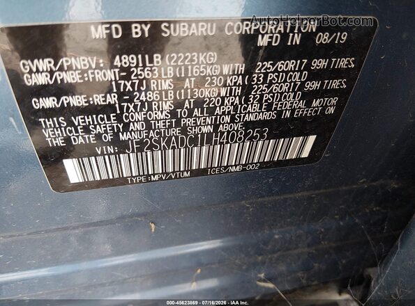 JF2SKADC1LH408253 2020 SUBARU FORESTER Blue ძრავის განყოფილების ხედი