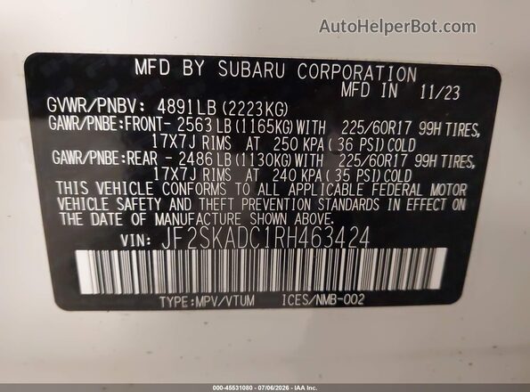 JF2SKADC1RH463424 2024 SUBARU FORESTER White Շարժիչի բաժամունքի տեսք