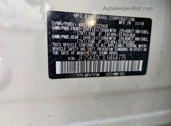 JF2SKADC3LH464775 2020 SUBARU FORESTER White Vista interior de 360 grados