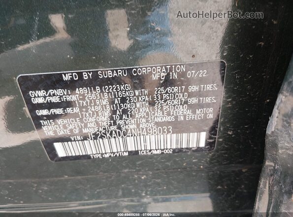 JF2SKADC4NH498033 2022 SUBARU FORESTER Green Vista del compartimento del motor
