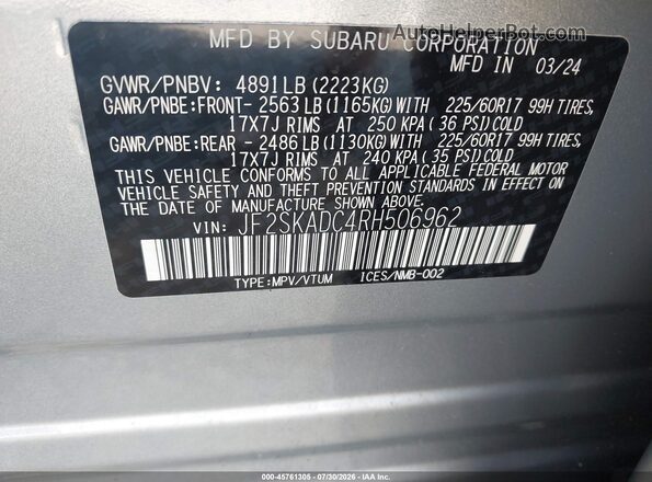 JF2SKADC4RH506962 2024 SUBARU FORESTER Silver Vista del compartimento del motor