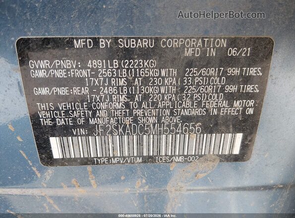 JF2SKADC5MH554656 2021 SUBARU FORESTER Blue Вид підкапотного простору