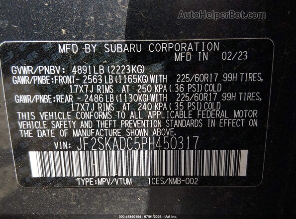 JF2SKADC5PH450317 2023 SUBARU FORESTER Серый Вид подкапотного пространства