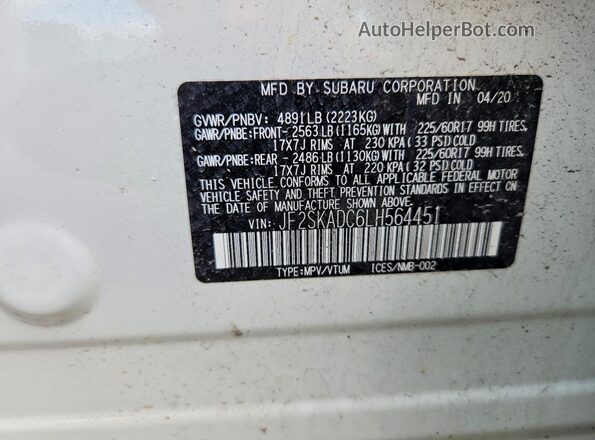 JF2SKADC6LH564451 2020 SUBARU FORESTER White Вид наклейки з VIN-кодом