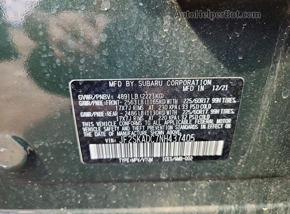 JF2SKADC7NH437405 2022 SUBARU FORESTER Green Widok komory silnika