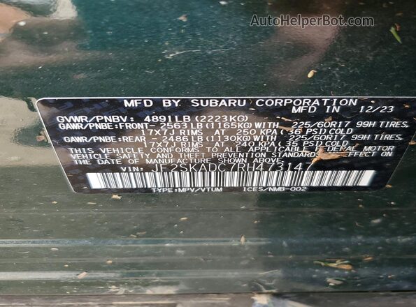 JF2SKADC7RH473147 2024 SUBARU FORESTER Green VIN კოდის სტიკერის ხედი