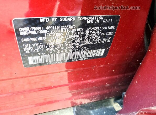JF2SKADC8PH519825 2023 SUBARU FORESTER Burgundy Vista de la etiqueta del VIN
