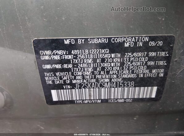 JF2SKADC9MH415338 2021 SUBARU FORESTER Green ძრავის განყოფილების ხედი