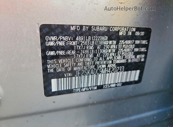 JF2SKADC9MH420233 2021 SUBARU FORESTER Silver Widok naklejki z numerem VIN
