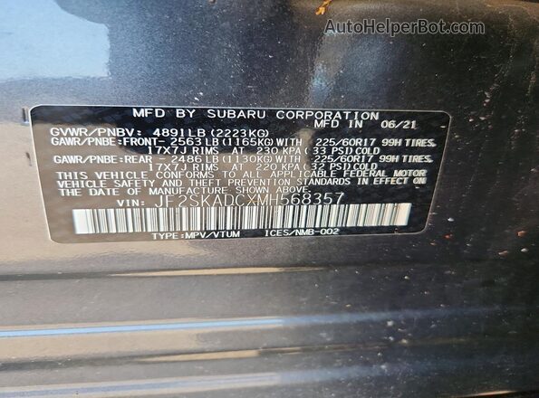 JF2SKADCXMH568357 2021 SUBARU FORESTER Gray VIN sticker view