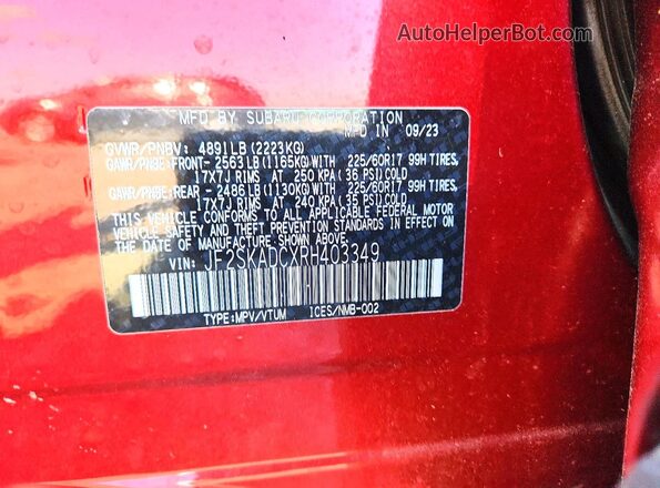 JF2SKADCXRH403349 2024 SUBARU FORESTER Red VIN კოდის სტიკერის ხედი