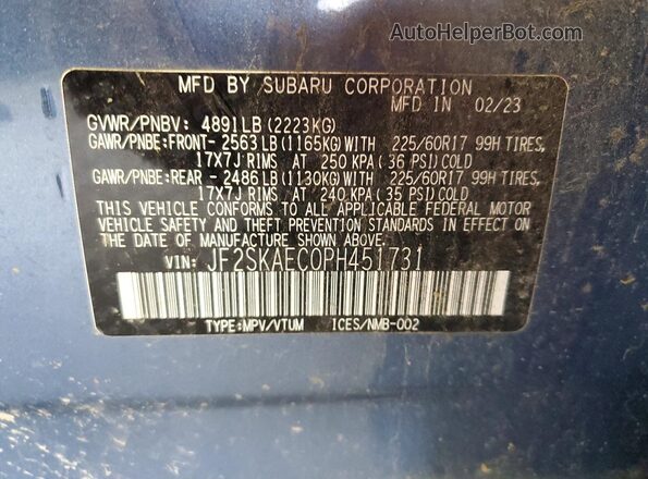 JF2SKAEC0PH451731 2023 SUBARU FORESTER Blue VIN კოდის სტიკერის ხედი