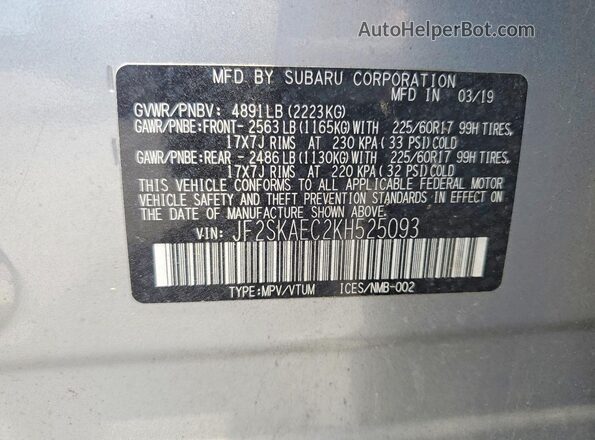 JF2SKAEC2KH525093 2019 SUBARU FORESTER Silver Widok naklejki z numerem VIN