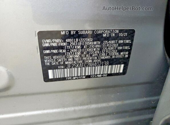 JF2SKAEC2NH402138 2022 SUBARU FORESTER Silver Вид наклейки з VIN-кодом