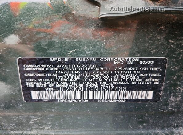 JF2SKAEC2NH504488 2022 SUBARU FORESTER Green VIN sticker view