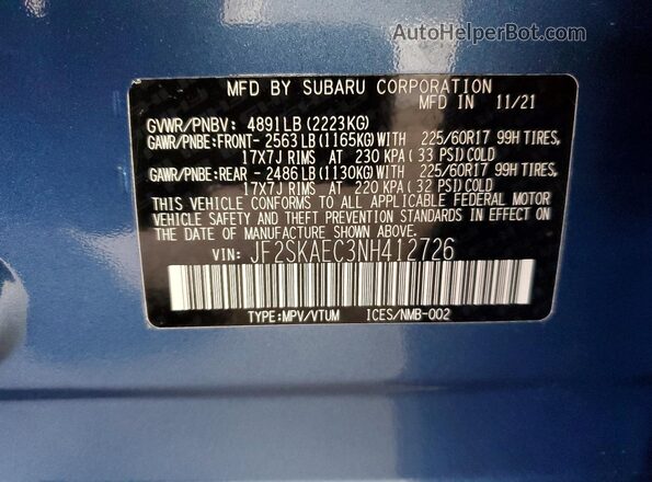 JF2SKAEC3NH412726 2022 SUBARU FORESTER Blue Սալոնի 360 աստիճան տեսք