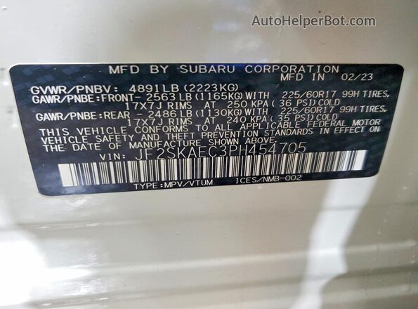 JF2SKAEC3PH454705 2023 SUBARU FORESTER White Widok naklejki z numerem VIN