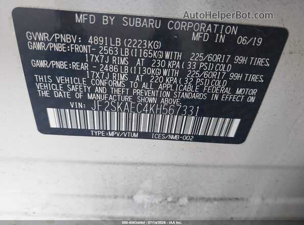 JF2SKAEC4KH567331 2019 SUBARU FORESTER White Շարժիչի բաժամունքի տեսք