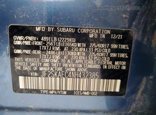 JF2SKAEC4NH432385 2022 SUBARU FORESTER Blue სალონის 360-გრადუსიანი ხედი