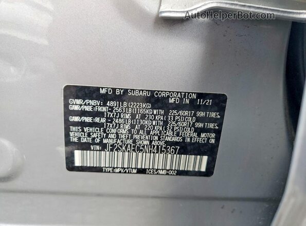 JF2SKAEC5NH415367 2022 SUBARU FORESTER Silver სალონის 360-გრადუსიანი ხედი