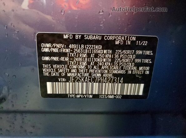 JF2SKAEC7PH427314 2023 SUBARU FORESTER Blue Widok naklejki z numerem VIN